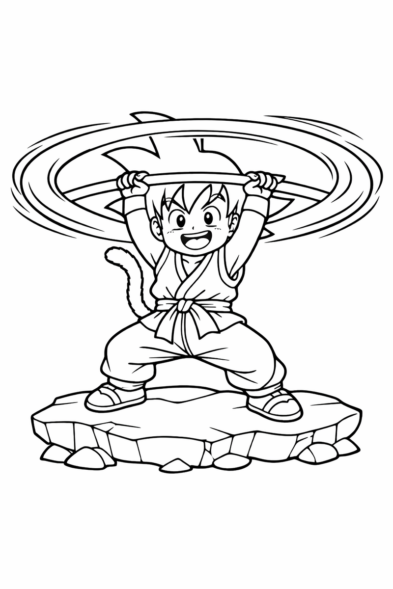 Goku girando un bastón extensible largo en un círculo amplio sobre su cabeza, con arcos de movimiento alrededor, de pie sobre una roca plana, dibujo para colorear