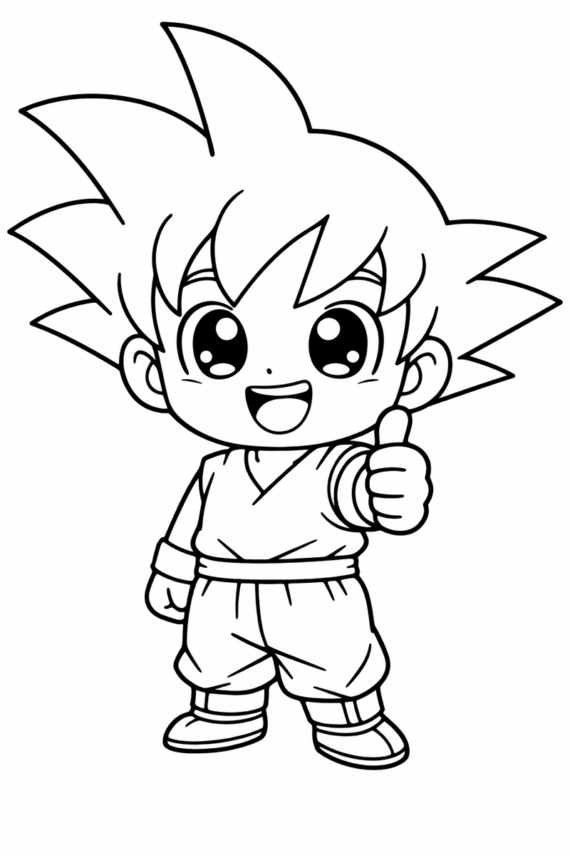 Una versión chibi y kawaii de Goku, con la cabeza enorme y redonda, ojos grandes y brillantes, cuerpo muy pequeño, pelo puntiagudo y un traje naranja completamente liso, levantando el pulgar, dibujo para colorear