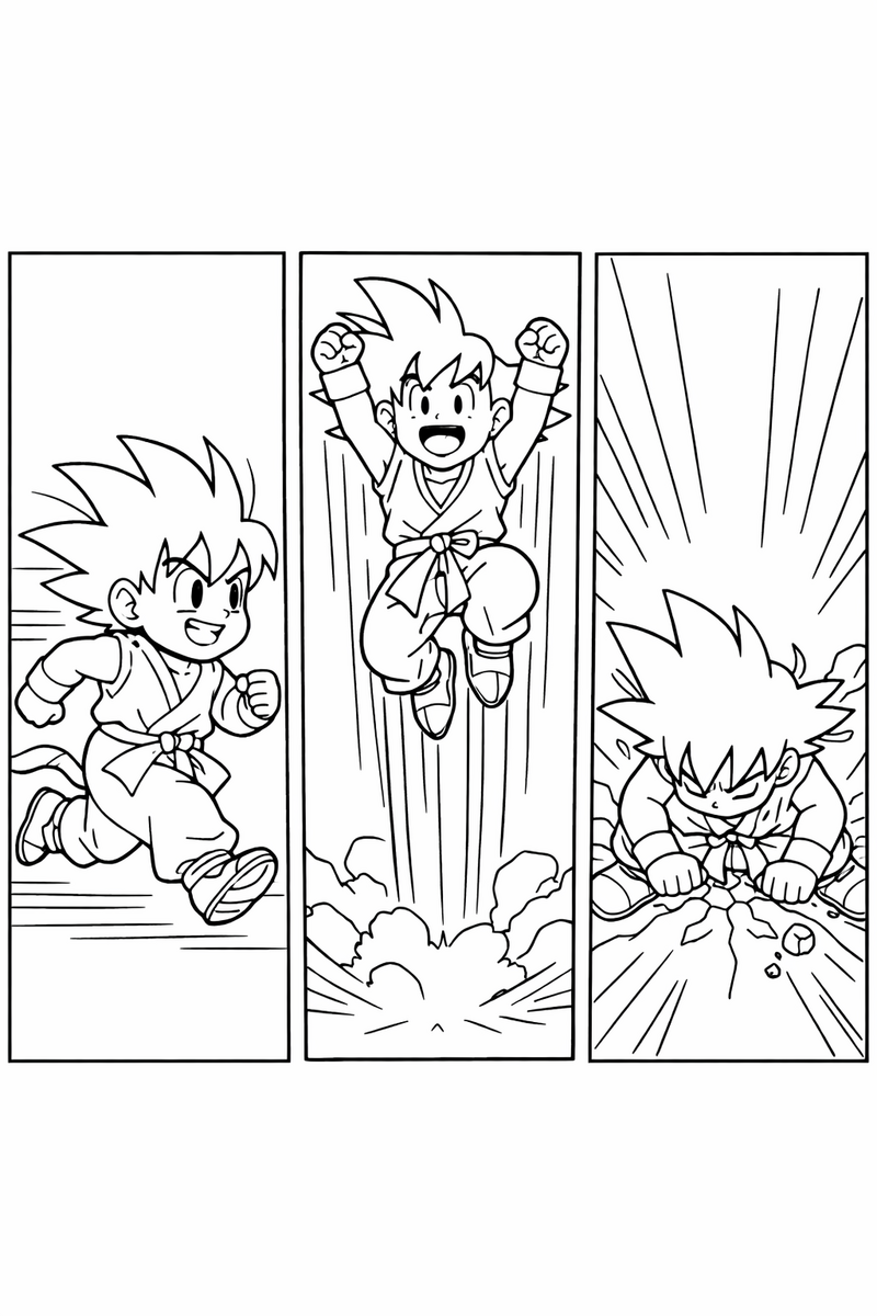 Una página de cómic dividida en tres viñetas rectangulares donde Goku corre, salta al aire y aterriza con fuerza, con líneas de velocidad en cada viñeta, dibujo para colorear