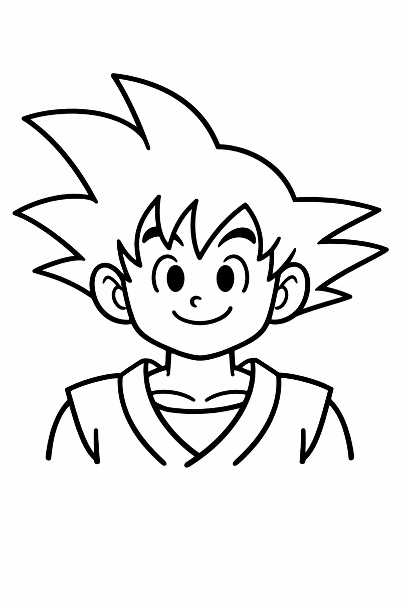 Una cara y unos hombros de Goku muy sencillos, sonrientes, dibujados con contornos extra gruesos y muy pocas formas grandes, dibujo para colorear