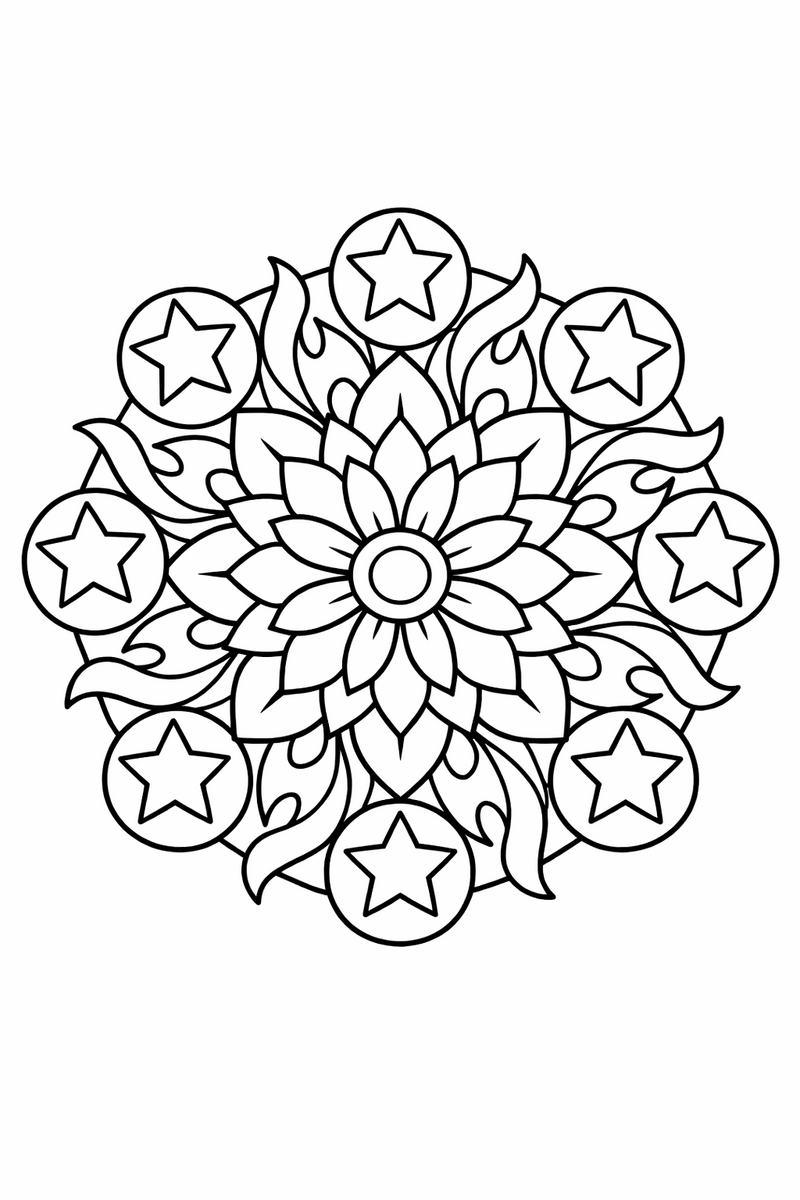 Un mandala redondo y simétrico construido con esferas estrelladas repetidas, llamas curvadas y pétalos en capas que salen de un círculo central, dibujo para colorear