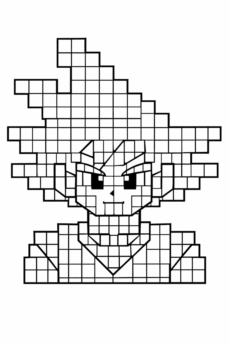Un retrato de Goku en pixel art de 8 bits, formado por cuadrados grandes de contorno grueso sobre una cuadrícula regular, con todas las casillas vacías para colorear, dibujo para colorear