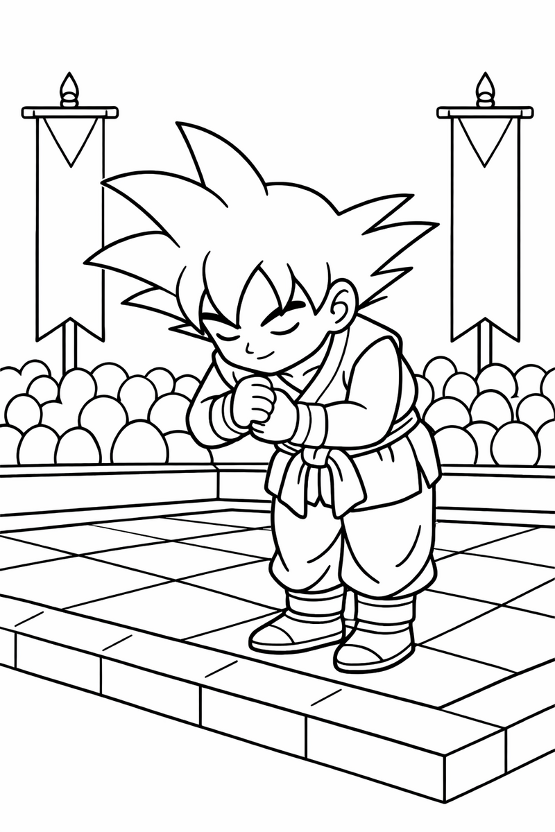 Goku saludando con respeto, un puño contra la palma abierta, en el borde de un ring de torneo cuadrado, con banderolas altas y un público de formas sencillas detrás, dibujo para colorear
