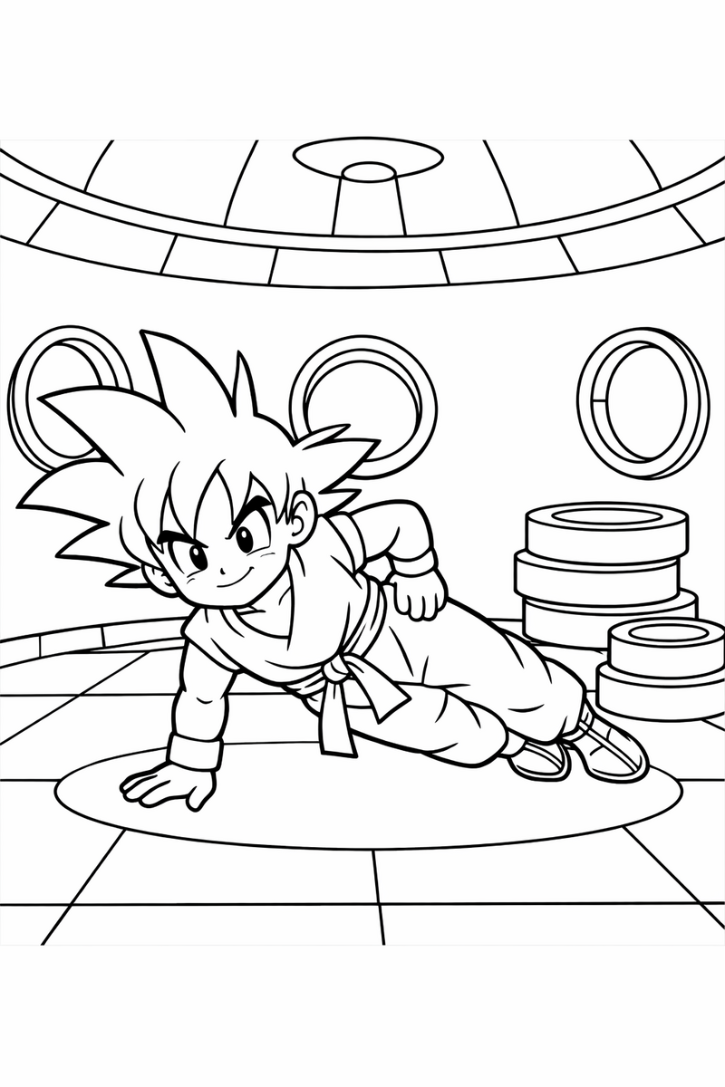 Goku haciendo una flexión a una mano en el suelo de una cámara de entrenamiento redonda con techo abovedado, ventanas circulares y pesas apiladas al lado, dibujo para colorear