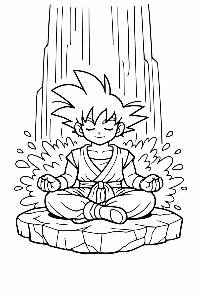 Goku meditando con las piernas cruzadas y las palmas hacia arriba sobre una roca plana bajo una cascada alta, con el agua salpicando alrededor, dibujo para colorear