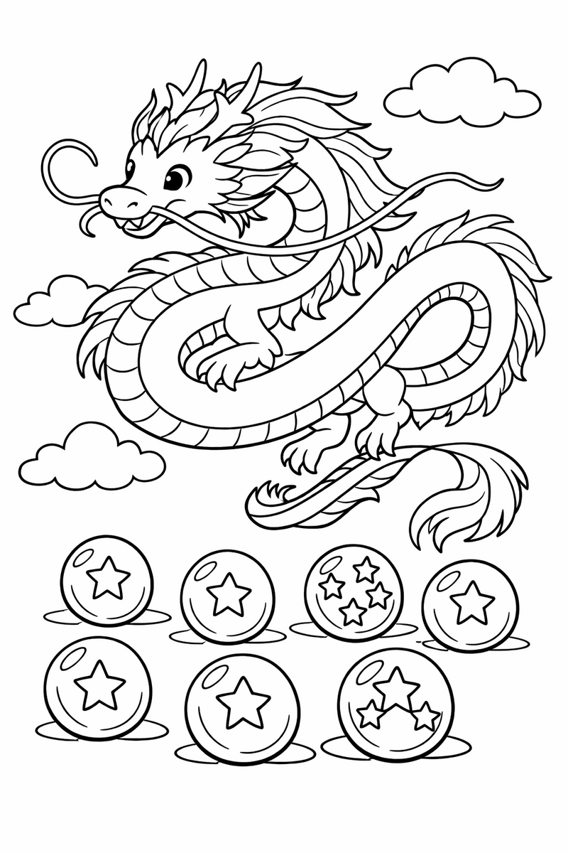 Un dragón de los deseos largo y serpenteante, con melena, bigotes y cuernos pequeños, enroscándose en el cielo sobre siete esferas de cristal con estrellas, dibujo para colorear