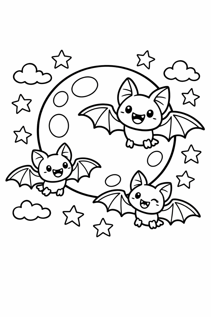 Dibujo de murciélagos juguetones volando frente a la luna llena para colorear