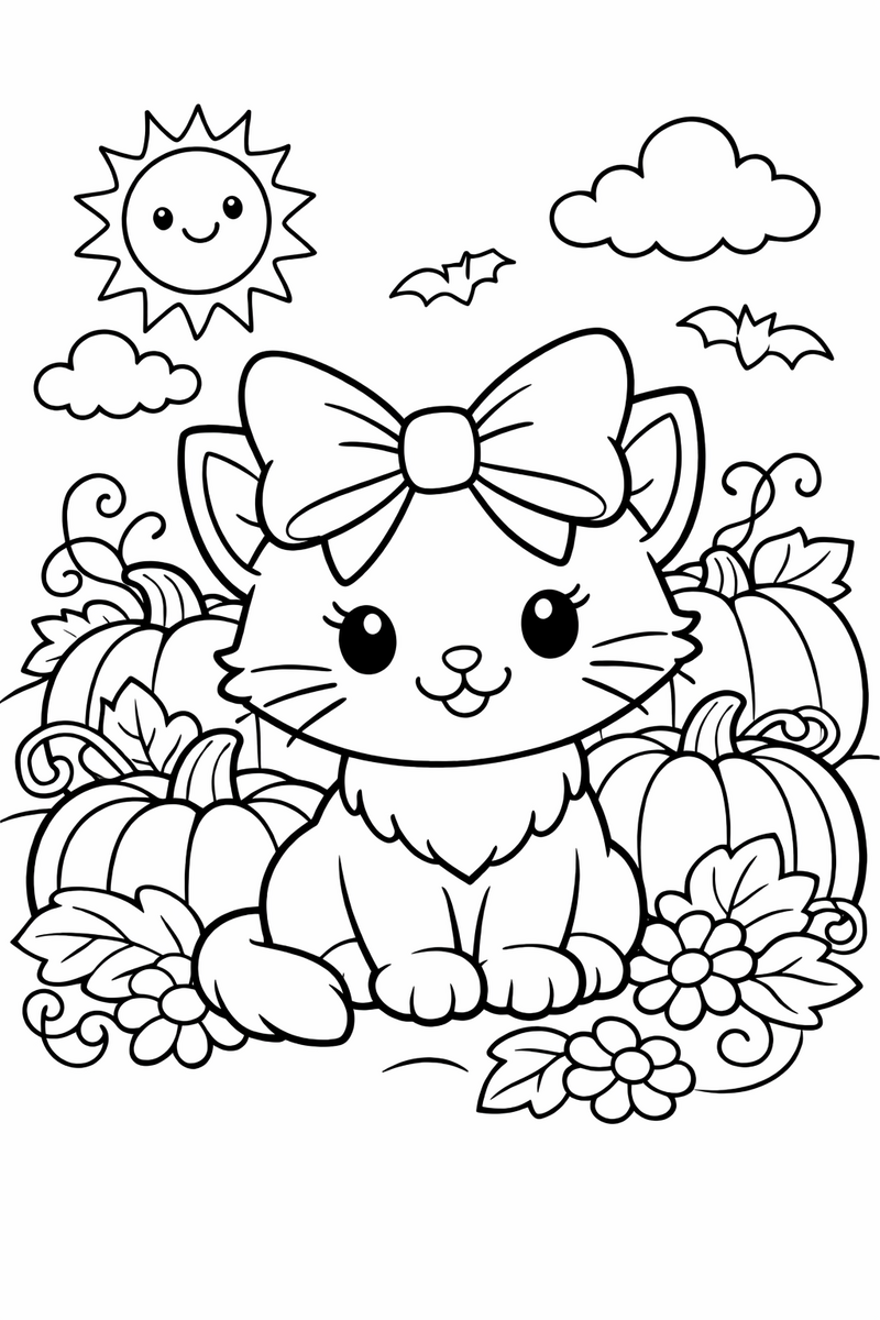Dibujo de un gato con lazo sentado en un huerto de calabazas para colorear