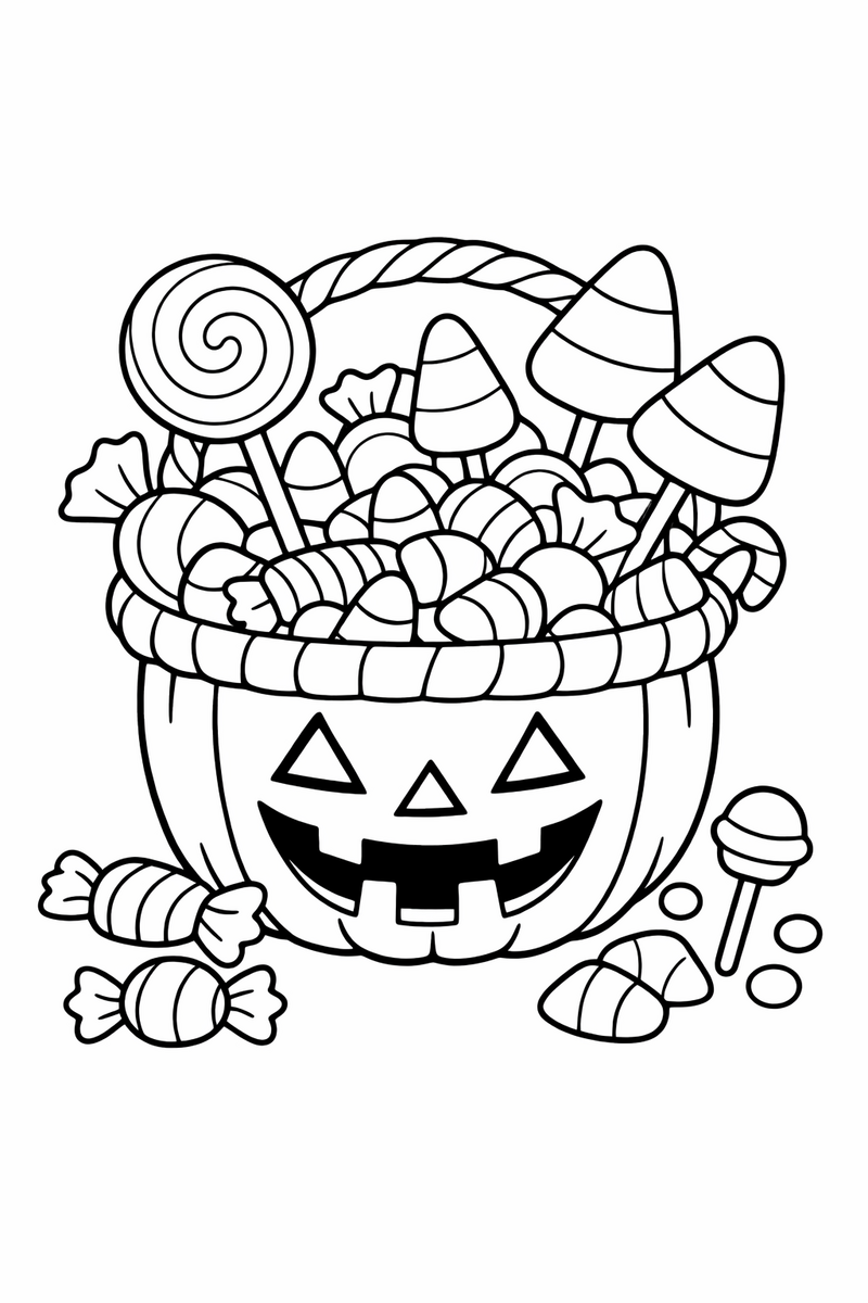 Dibujo de una cesta de Halloween rebosante de caramelos y piruletas para colorear
