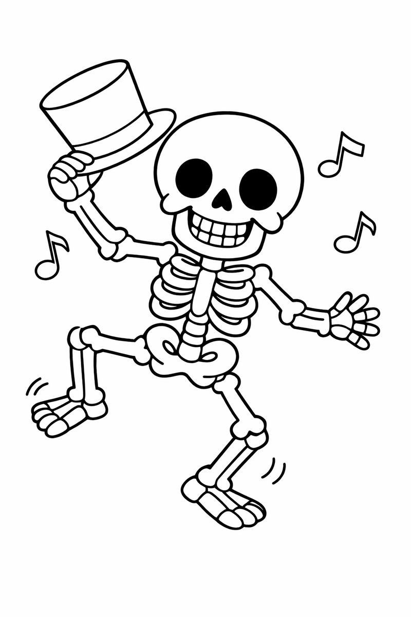 Dibujo de un esqueleto feliz bailando con sombrero de copa para colorear