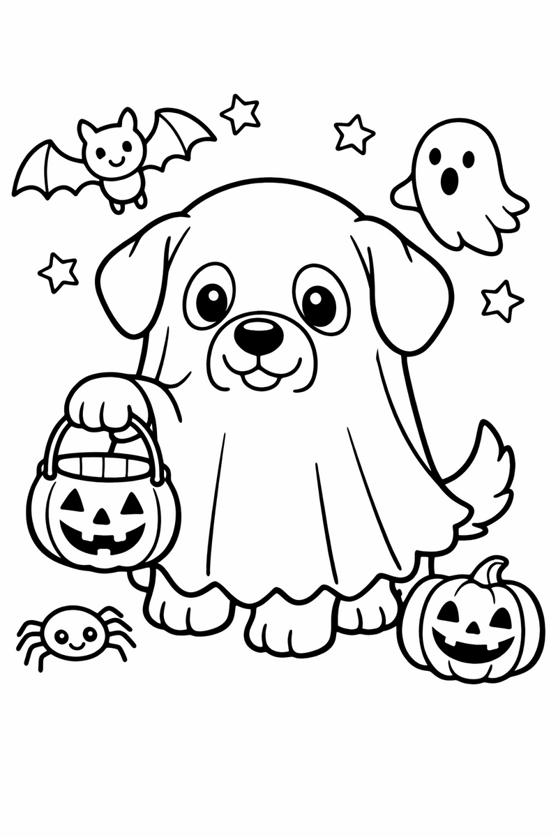 Puppy in a Ghost Costume coloring page