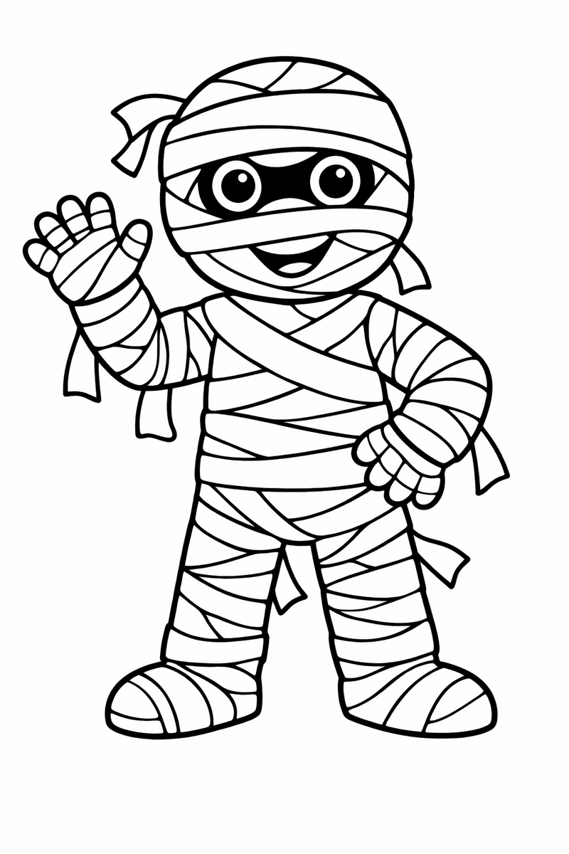 Dibujo de una momia divertida con vendas sueltas saludando para colorear