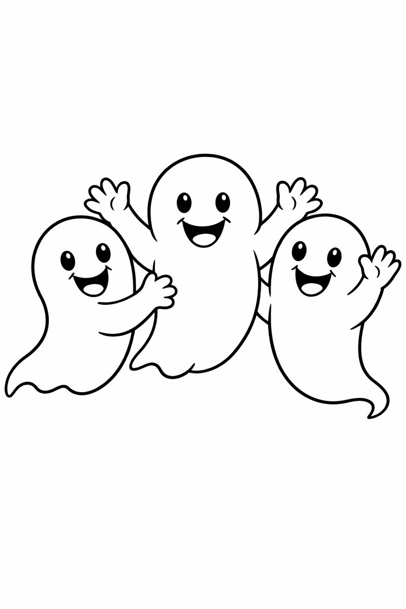 Dibujo de tres fantasmas simpáticos saludando juntos para colorear