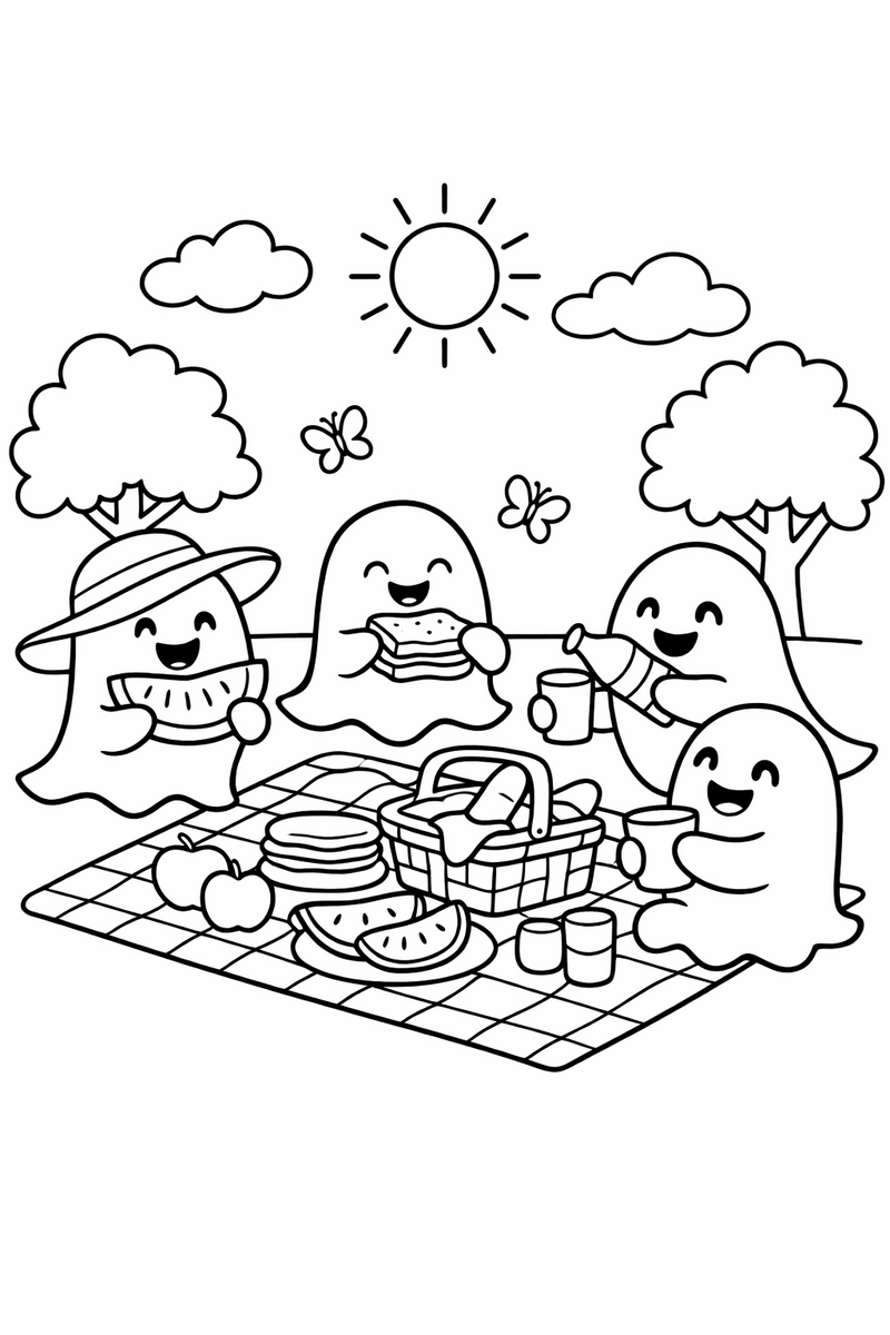 Ghosts Having a Picnic coloring page
