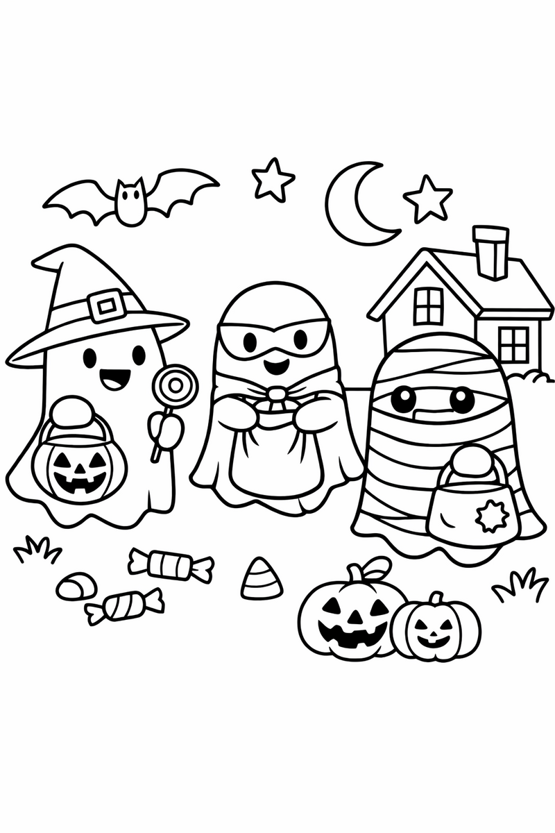 Ghosts Out Trick-or-Treating coloring page