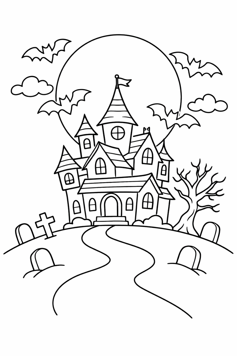 Dibujo de una casa encantada en una colina con luna llena y murciélagos para colorear