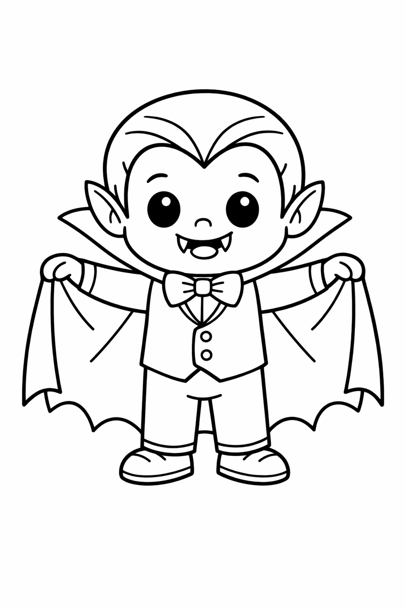 Dibujo de un vampirito con capa y sonrisa simpática para colorear