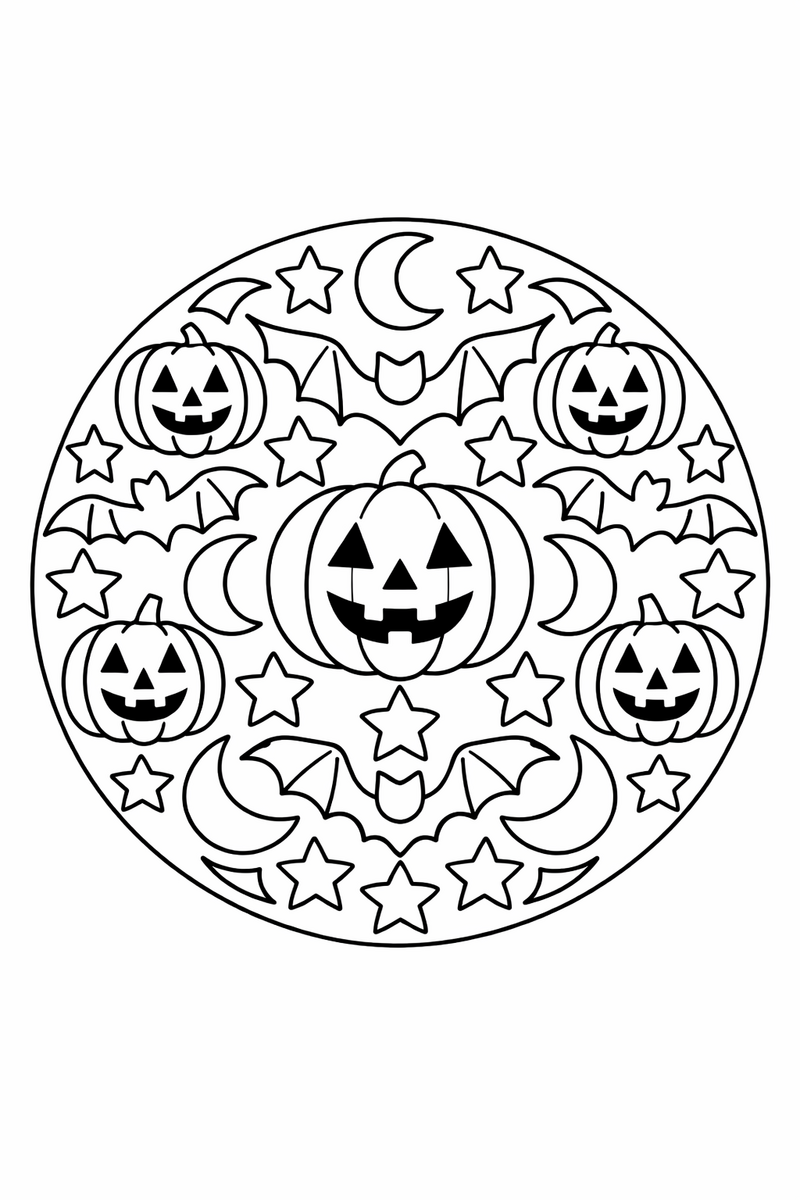Mandala de Halloween con calabazas murciélagos lunas y estrellas para colorear
