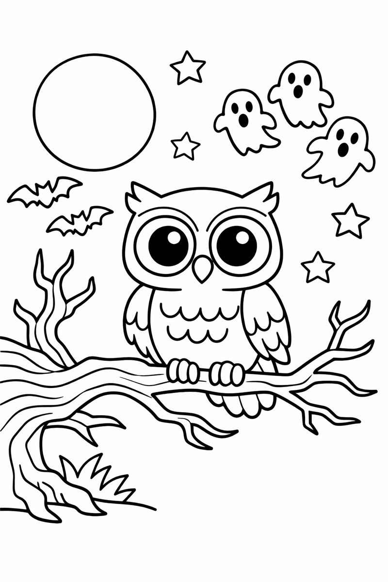 Dibujo de un búho de ojos grandes sobre una rama en la noche para colorear