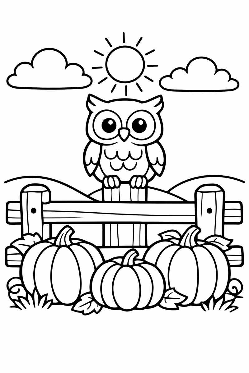 Owl on a Pumpkin Fence coloring page