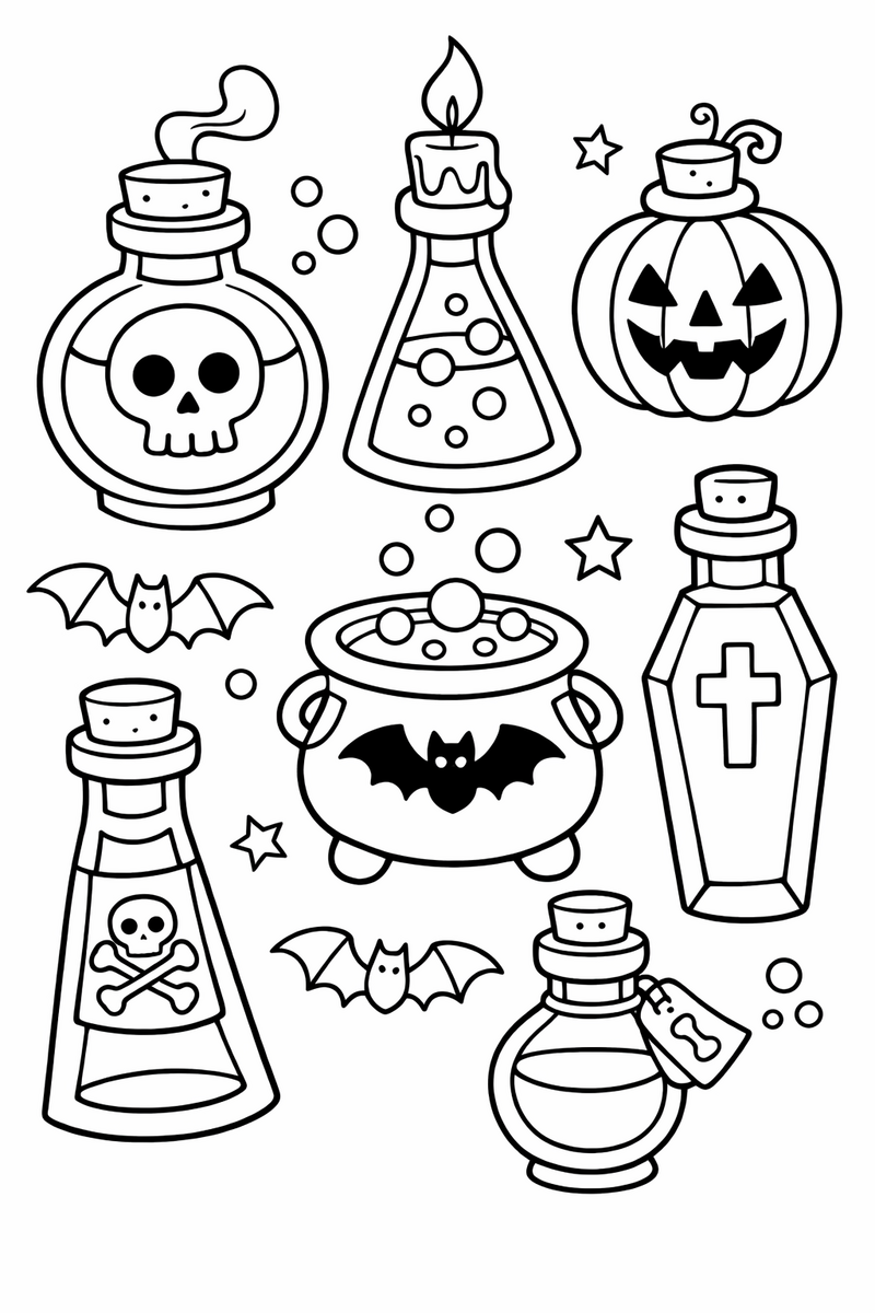 Spooky Potion Bottles coloring page
