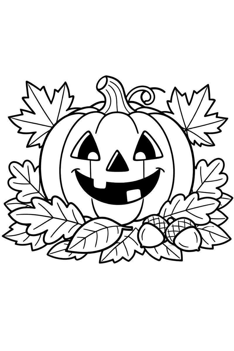 Dibujo de una calabaza de Halloween sonriente entre hojas de otoño para colorear