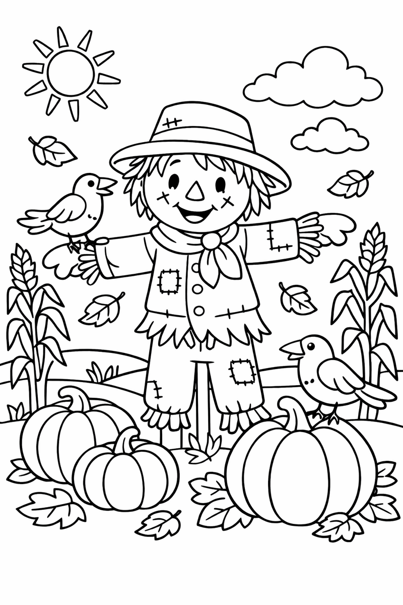 Dibujo de un espantapájaros alegre con calabazas y cuervos en el campo para colorear