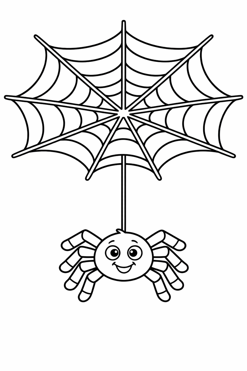 Dibujo de una araña simpática colgando de una gran telaraña para colorear
