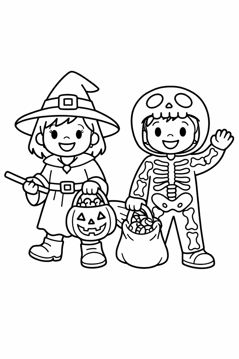 Dibujo de dos niños disfrazados pidiendo truco o trato con bolsas de caramelos para colorear