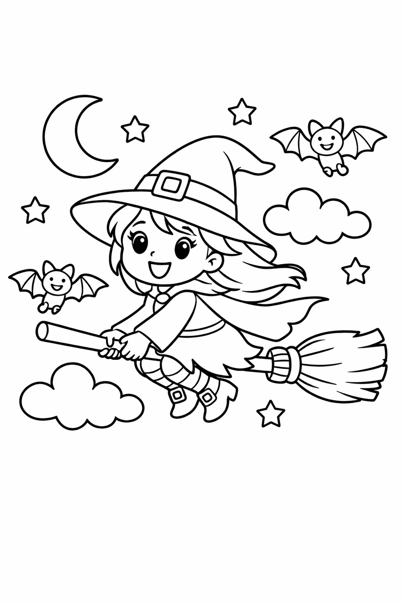 Witch Flying on Her Broom coloring page