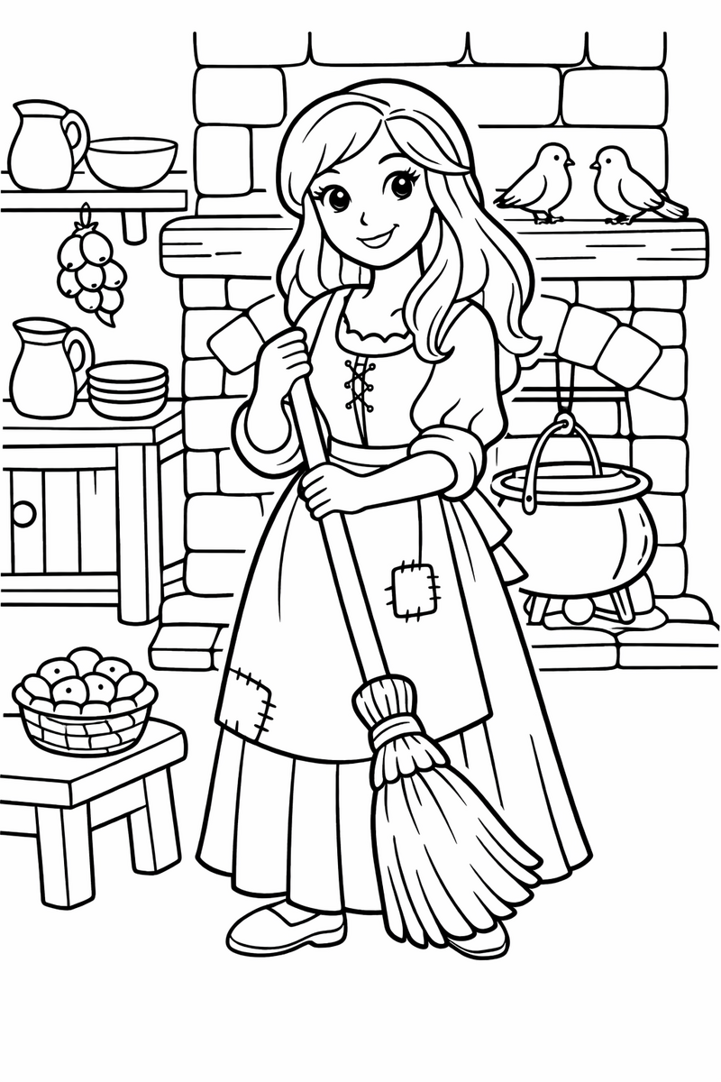 Cenicienta junto a la chimenea, dibujo para colorear