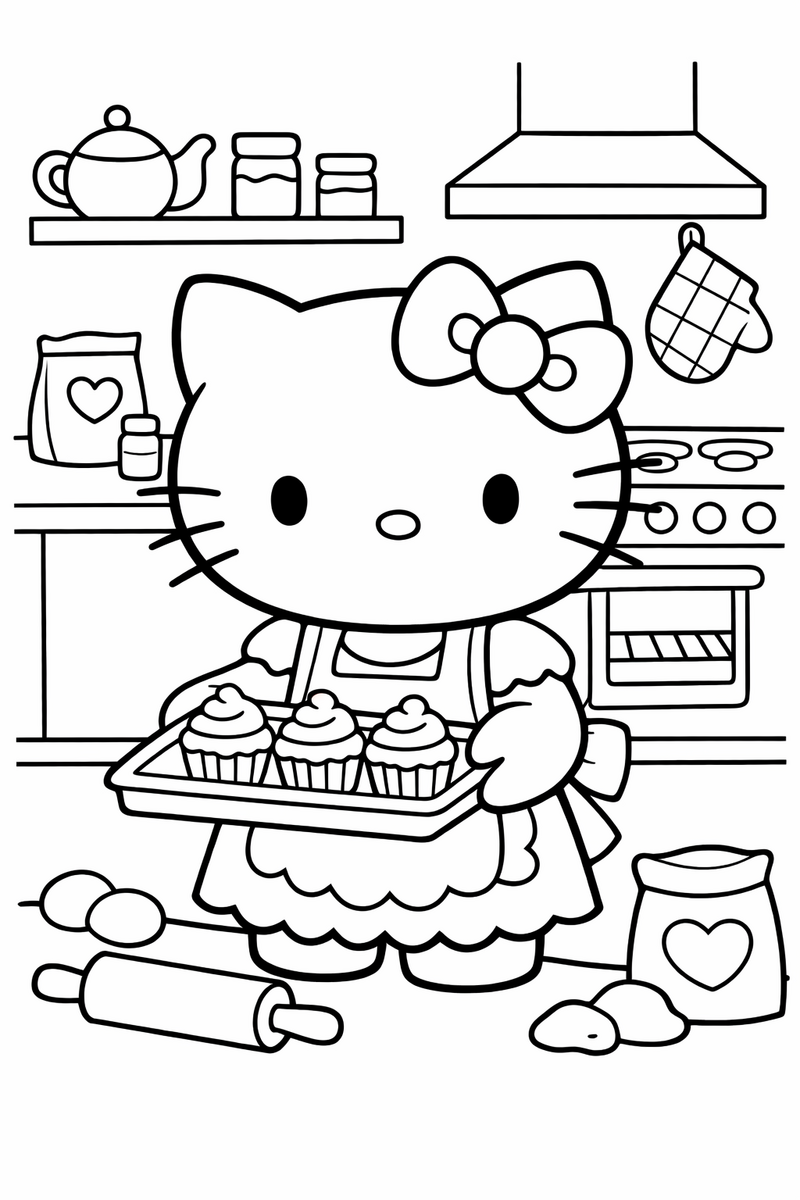 Dibujo de una gatita estilo Hello Kitty horneando cupcakes en la cocina para colorear
