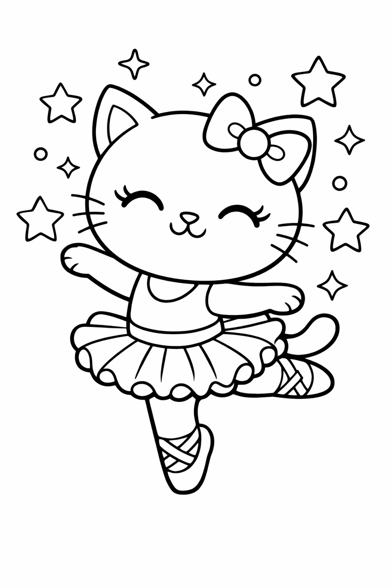 Dibujo de una gatita estilo Hello Kitty bailando ballet con tutú para colorear