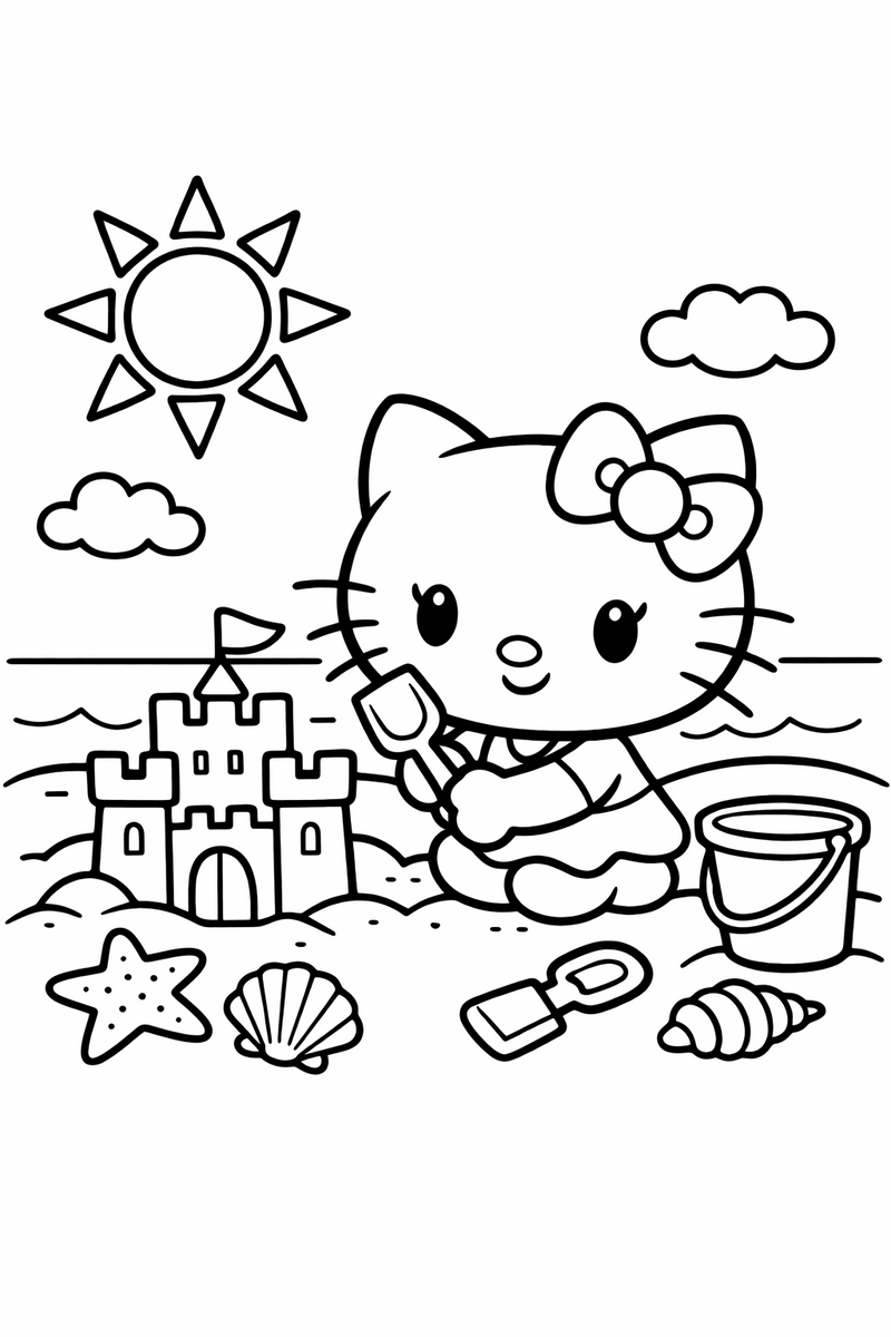 Dibujo de una gatita estilo Hello Kitty construyendo un castillo de arena en la playa para colorear