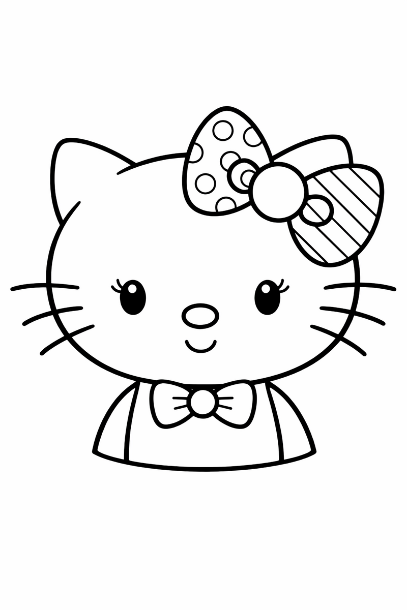 Retrato de una gatita estilo Hello Kitty con un lazo grande de lunares para colorear