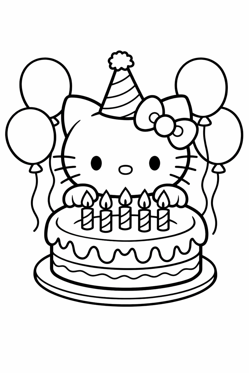 Dibujo de una gatita estilo Hello Kitty con un pastel de cumpleaños y globos para colorear