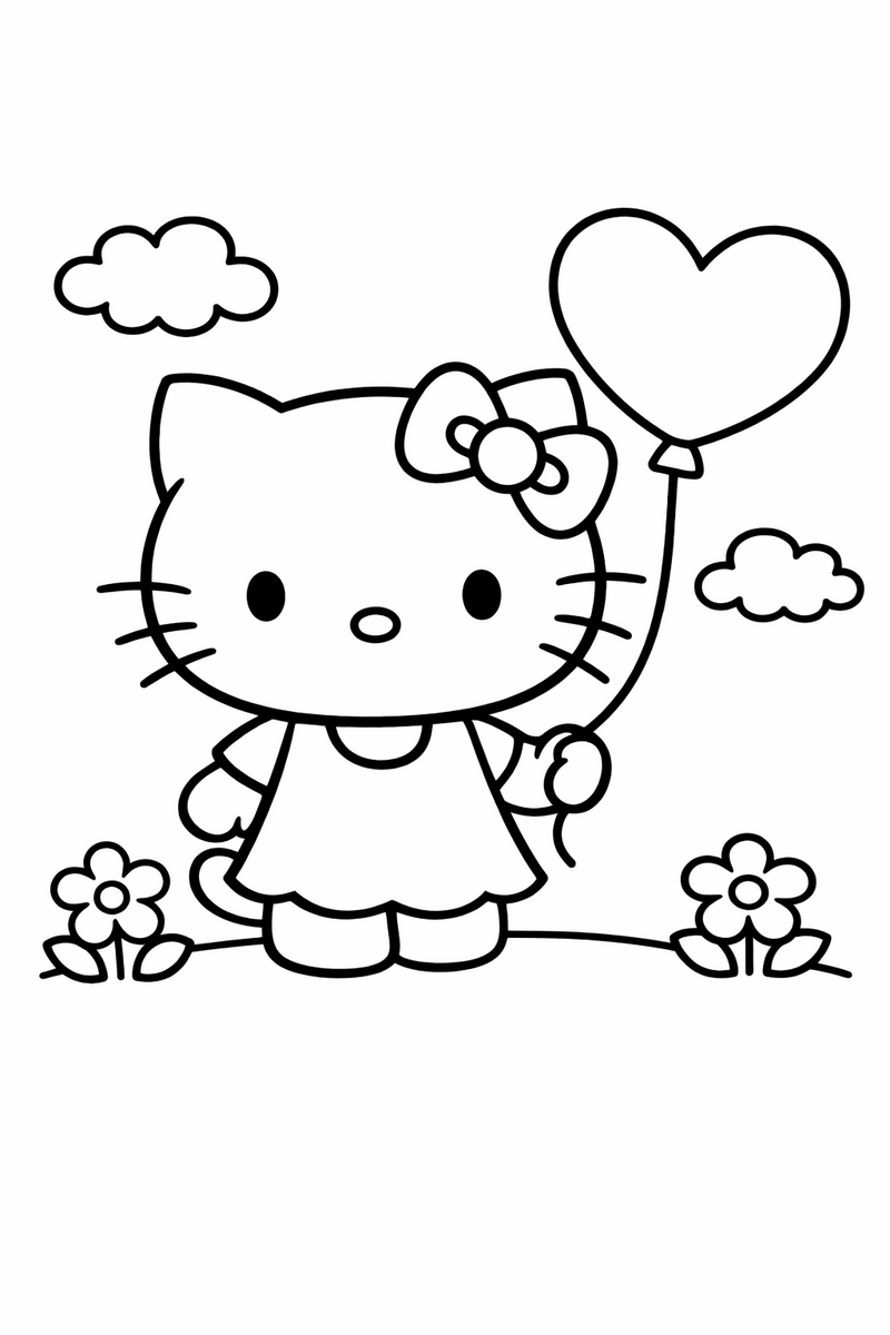 Dibujo fácil de una gatita estilo Hello Kitty con un globo de corazón para colorear