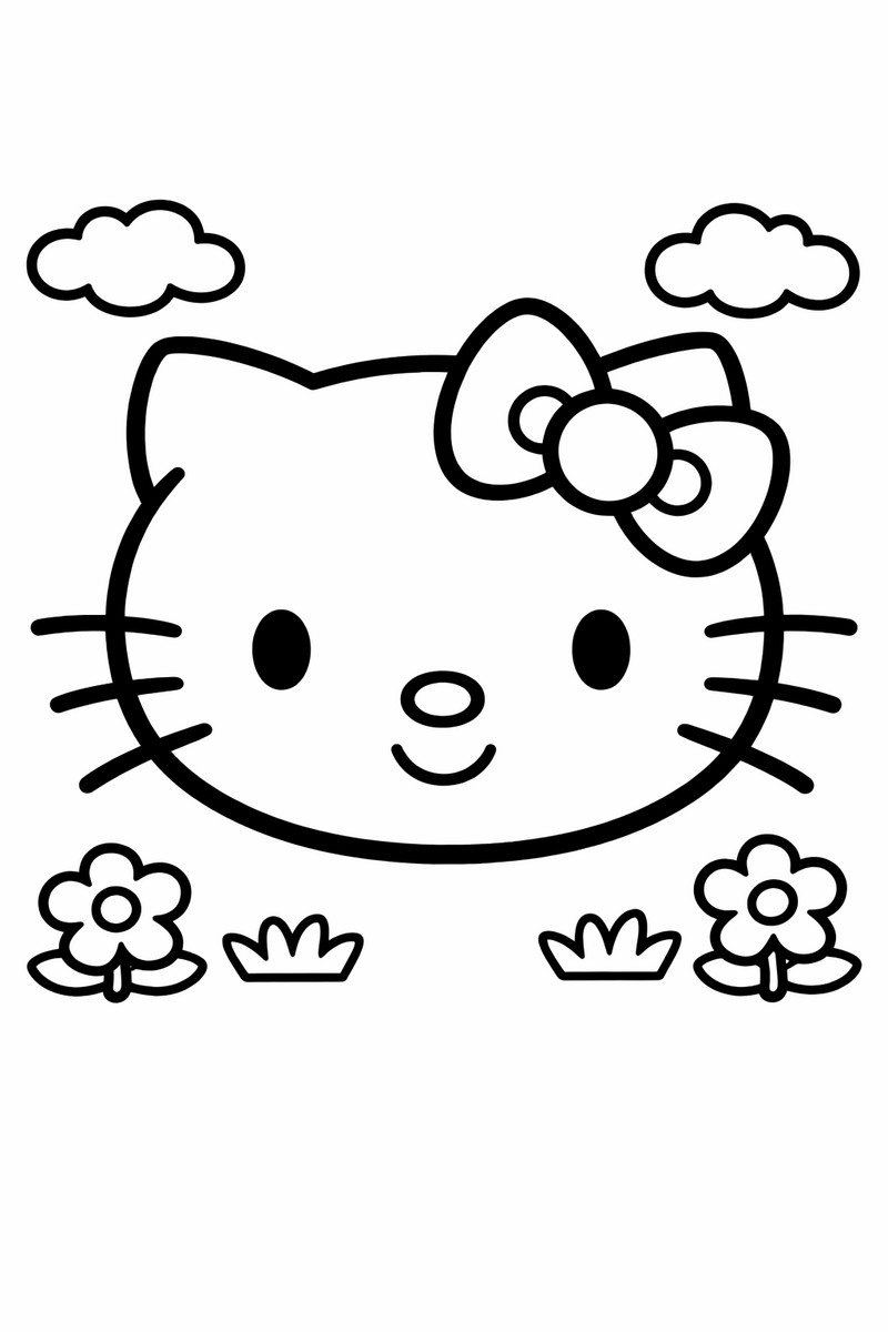 Dibujo fácil de la cara de una gatita estilo Hello Kitty con lazo para colorear
