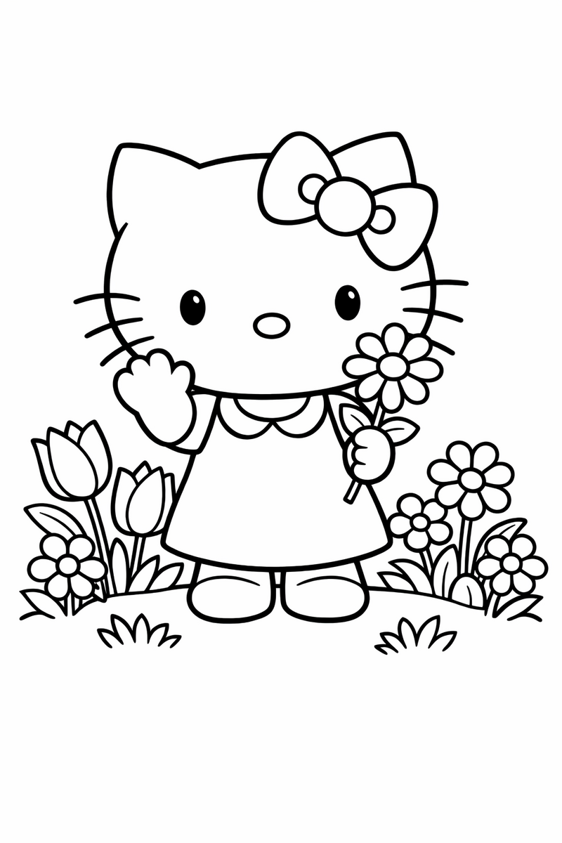 Dibujo de una gatita blanca estilo Hello Kitty saludando en un jardín de flores para colorear