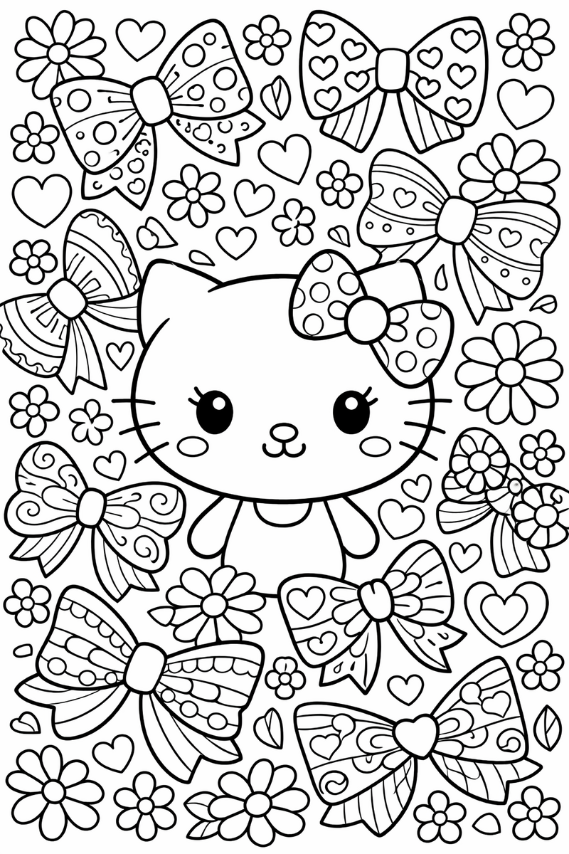 Dibujo detallado de una gatita estilo Hello Kitty rodeada de lazos con patrones para colorear