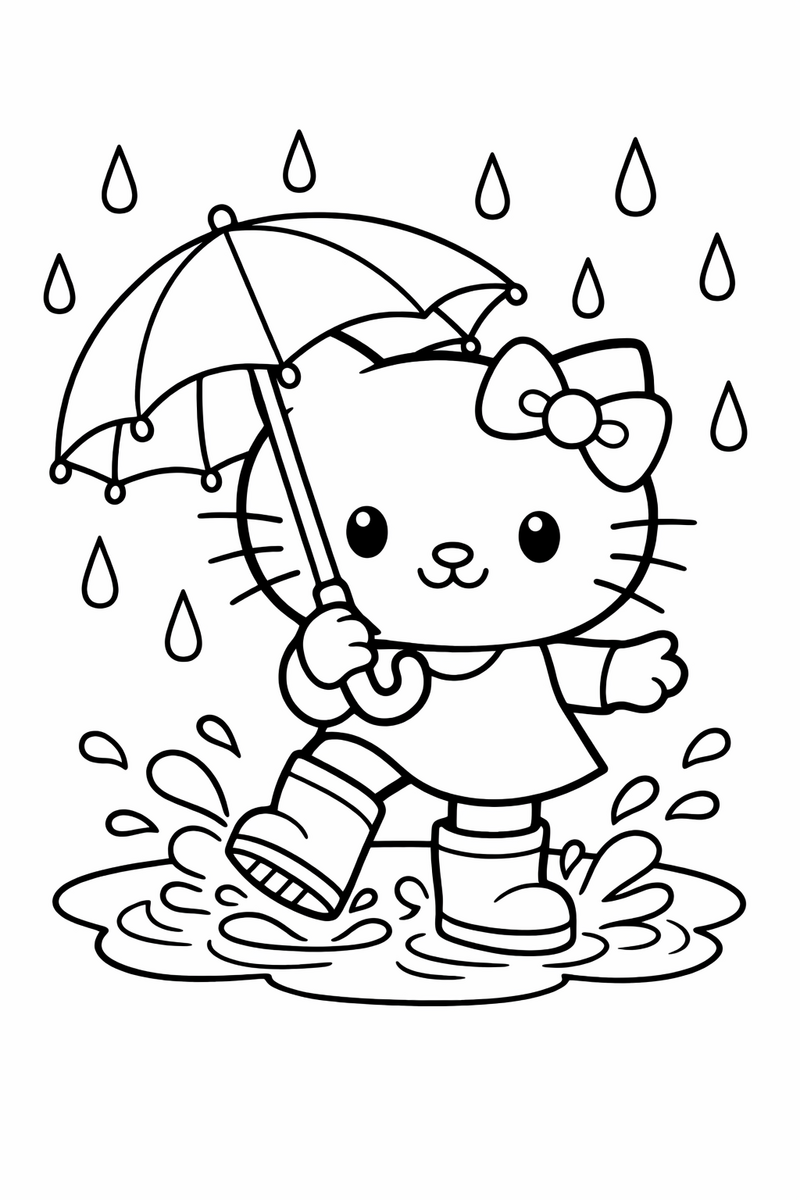 Dibujo de una gatita estilo Hello Kitty saltando en un charco con paraguas para colorear