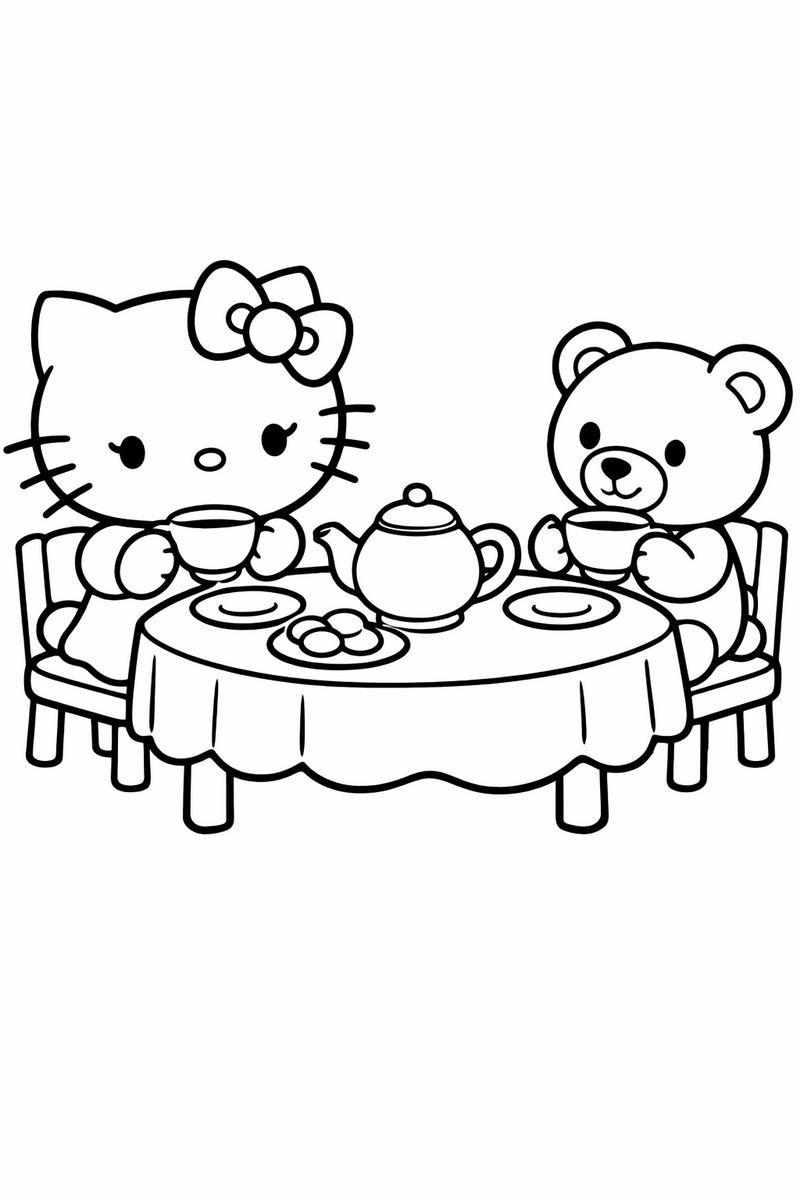 Dibujo de una gatita estilo Hello Kitty en una fiesta de té con un osito para colorear