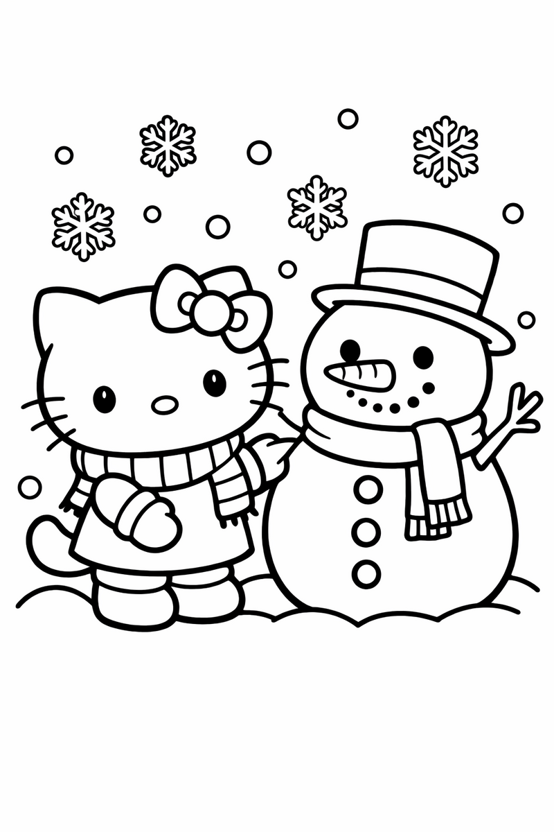Dibujo de una gatita estilo Hello Kitty con un muñeco de nieve para colorear