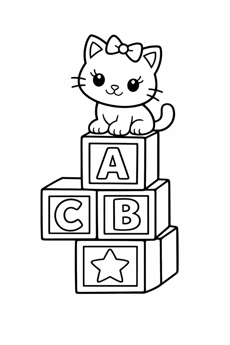 A stack of toy alphabet blocks with a little white cartoon cat with a bow perched on top coloring page