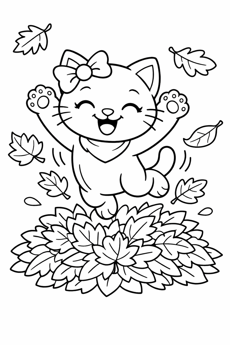 A cute white cartoon cat with a bow jumping into a pile of fallen autumn leaves coloring page