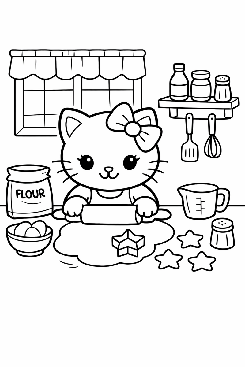 A cute white cartoon cat with a bow rolling out dough and cutting star cookies at a kitchen counter coloring page