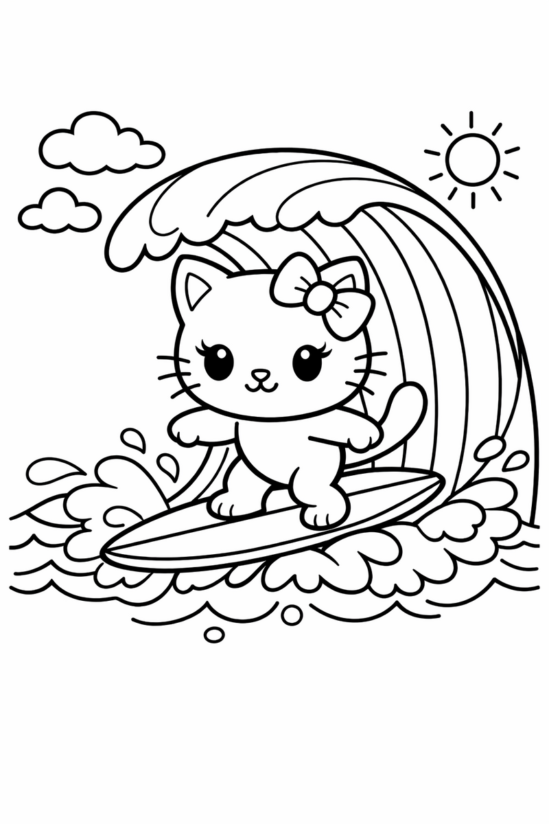 A cute white cartoon cat with a bow riding a surfboard across a curling ocean wave coloring page