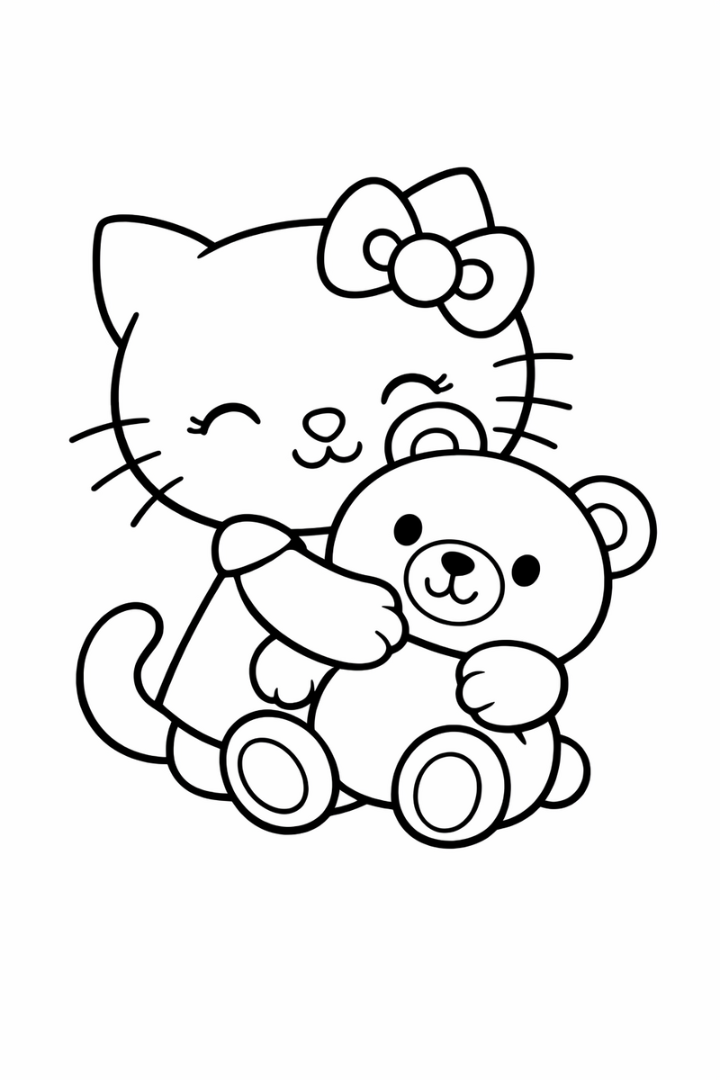 A cute white cartoon cat with a bow giving a big hug to her round teddy bear friend coloring page