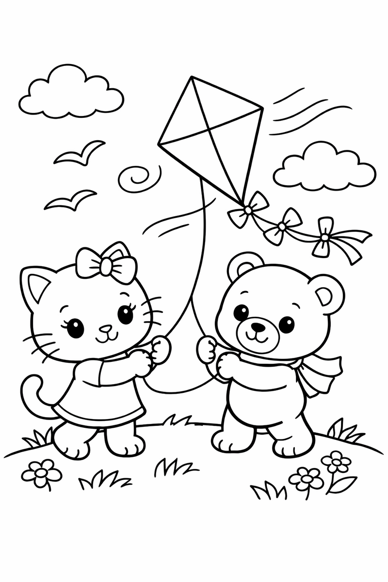 A cute white cartoon cat with a bow and her bear friend flying a diamond kite together on a breezy hill coloring page