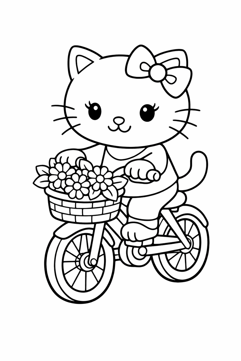 A cute white cartoon cat with a bow riding a bicycle with a flower basket on the handlebars coloring page